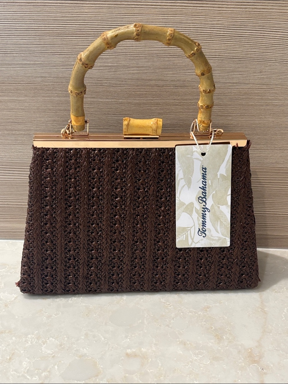 NWT Tommy Bahama  Brown Woven Mini Top-Handle Bag with Bamboo Handle
